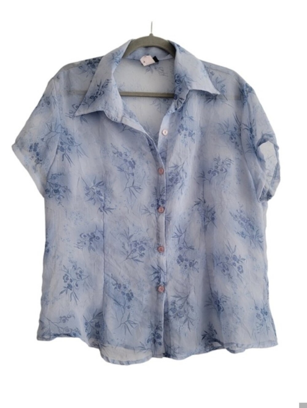 Light Blue Floral Button-Up Short Sleeve Blouse